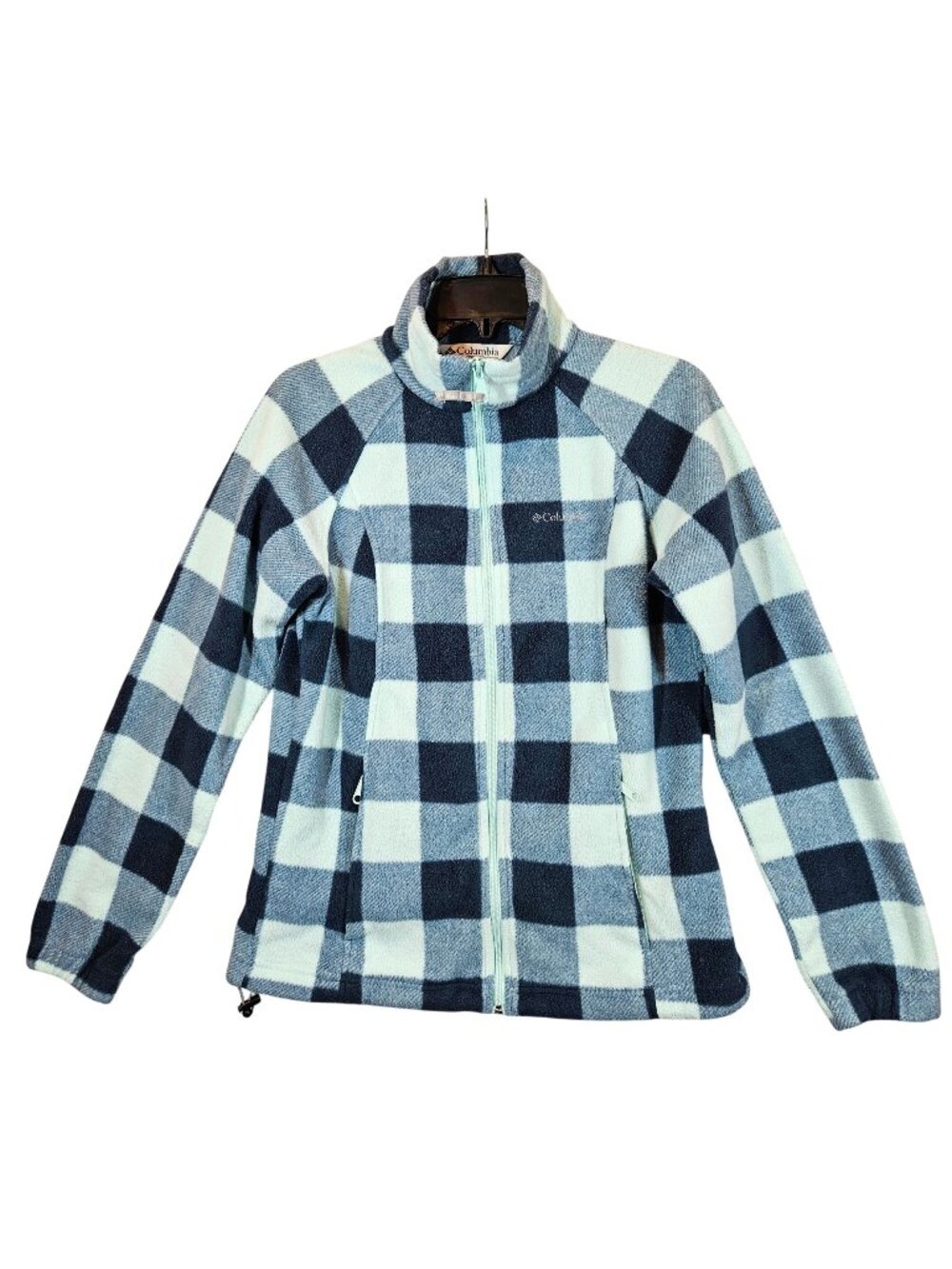 Columbia Womens M Blue White Plaid Zip Fleece zip Jacket pockets outdoor casual